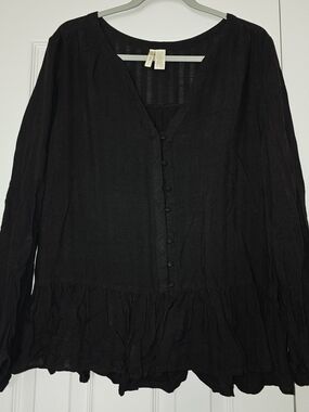Japna Black Button-Front Ruffle Hem Blouse